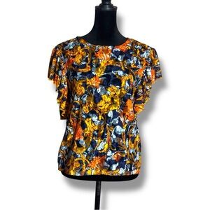 ZARA Vibrant Floral Lightweight Mesh Layered Ruffle Cap Sleeve Crewneck Top